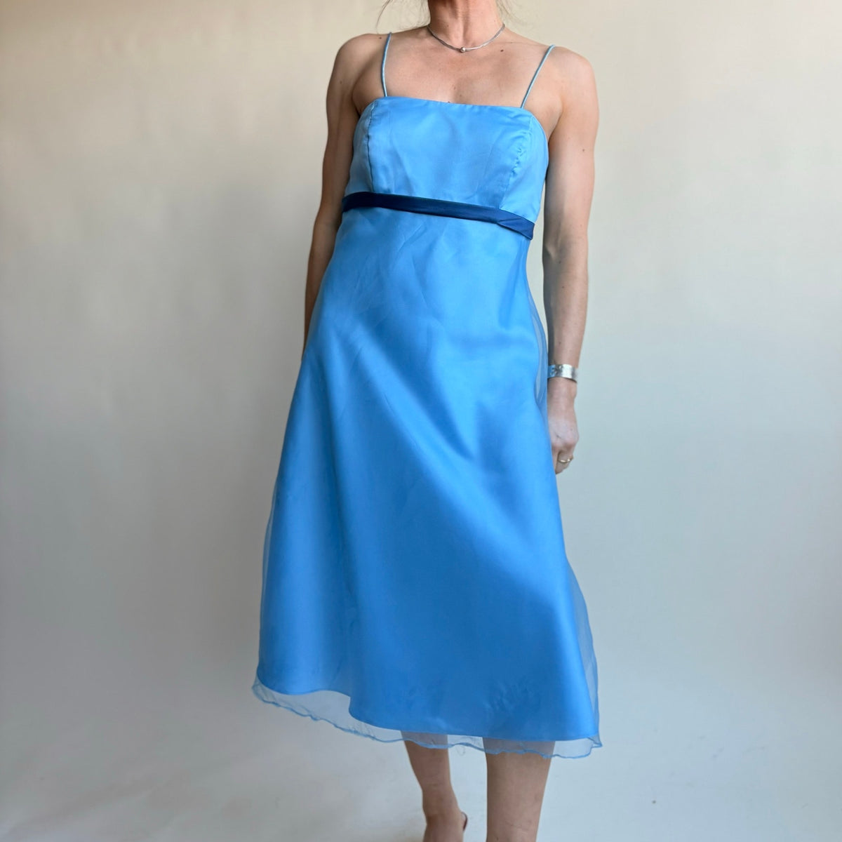 Alfred Angelo Baby Blue Y2K Midi Dress - Square Neck, Ribbon Waist, Size 6