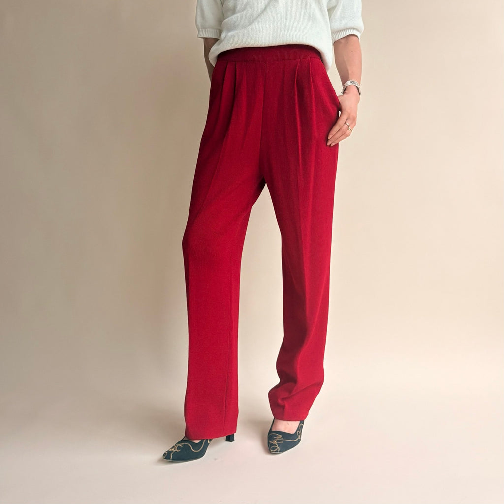 St. John Red Pleated Wide Leg Knit Pants - Elastic Waist, Size 4