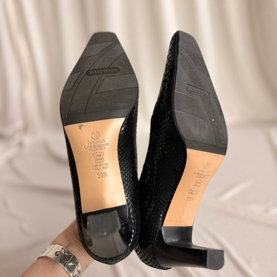 VALLEVERDE Snakeskin Pumps - Black, Block Heel, Made in Italy, EU 38.5 / US 7.5