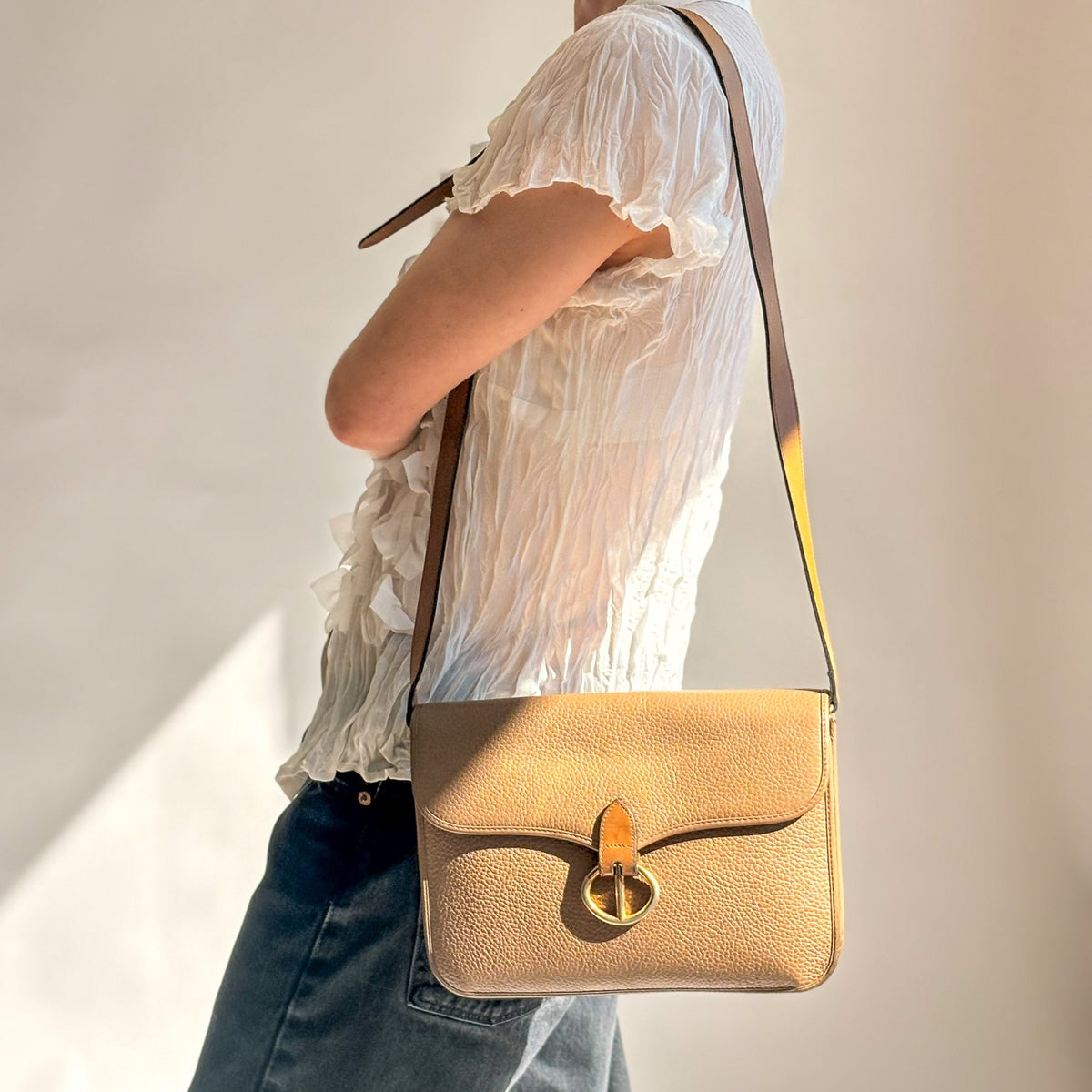 Vintage Christian Dior Oval Buckle Tan Leather Shoulder Bag