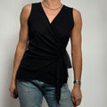 Sleeveless Black Mesh Top - Ruffled V-Neck