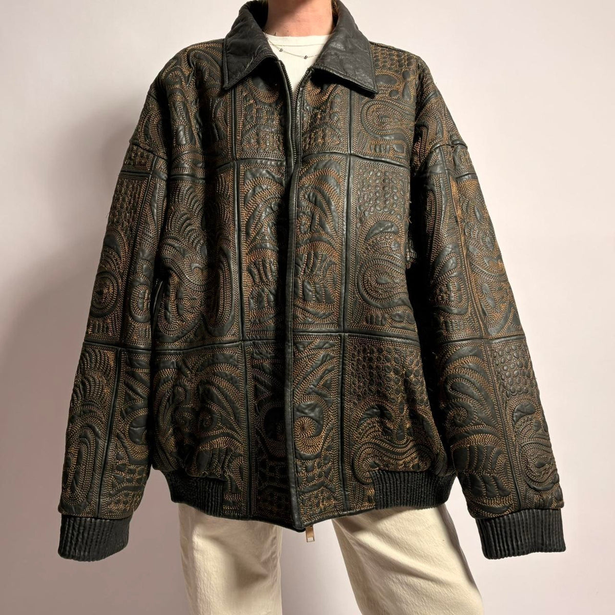 Signature Gold Embroidery Leather Bomber - Fits Men's XL