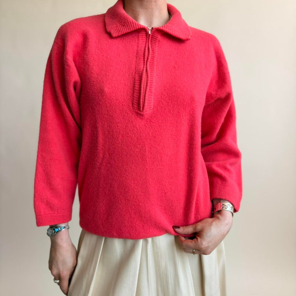 Outlander Hot Pink Quarter Zip Sweater - Lambswool & Angora, Fits Medium