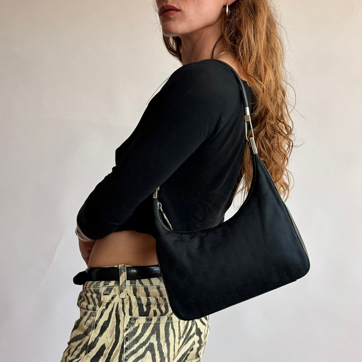 Vintage Gucci Tom Ford Era Black GG Monogram Canvas Hobo Bag Silver Hardware