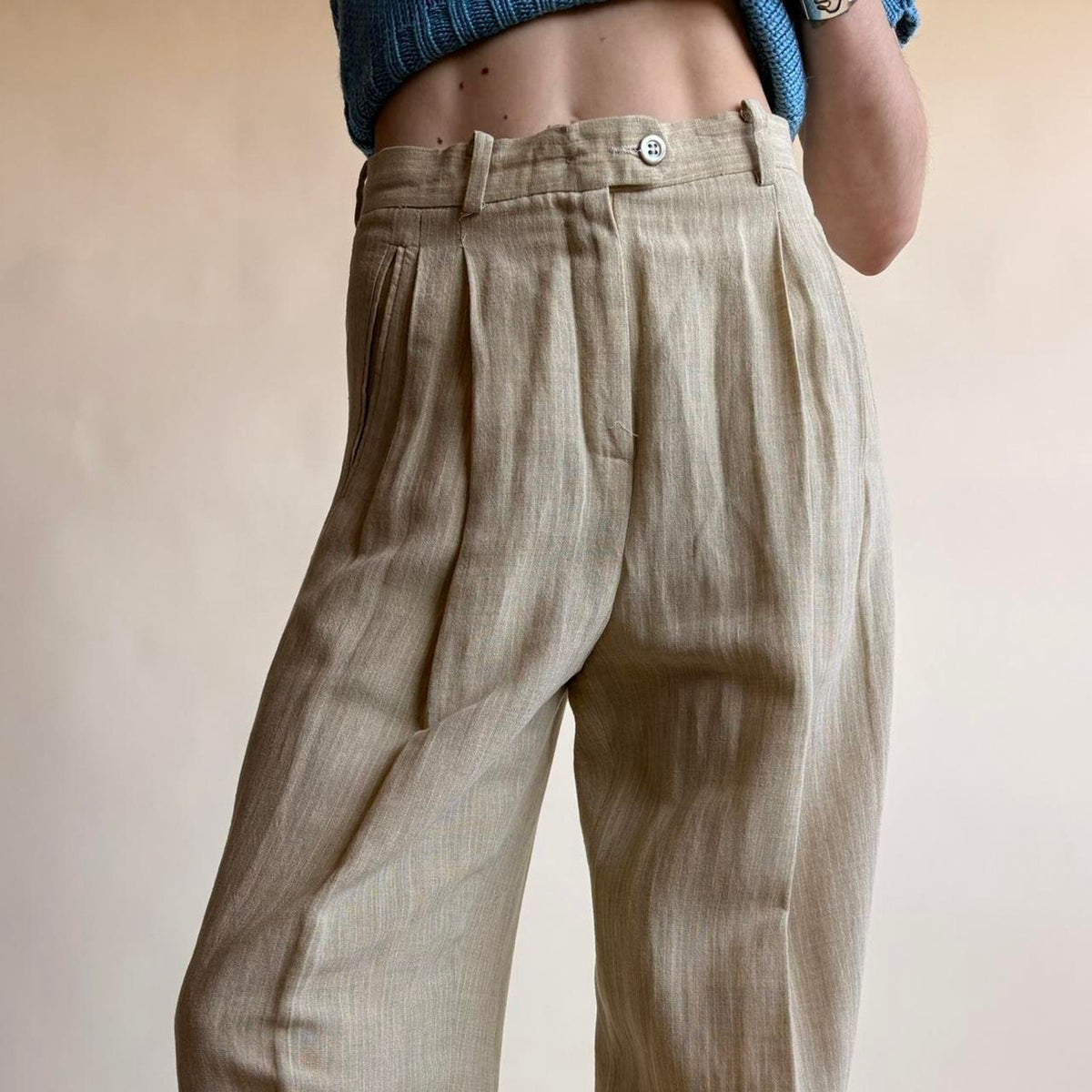 Susie Tompkins Wool Trousers - Tan with White Pinstripe Size 4
