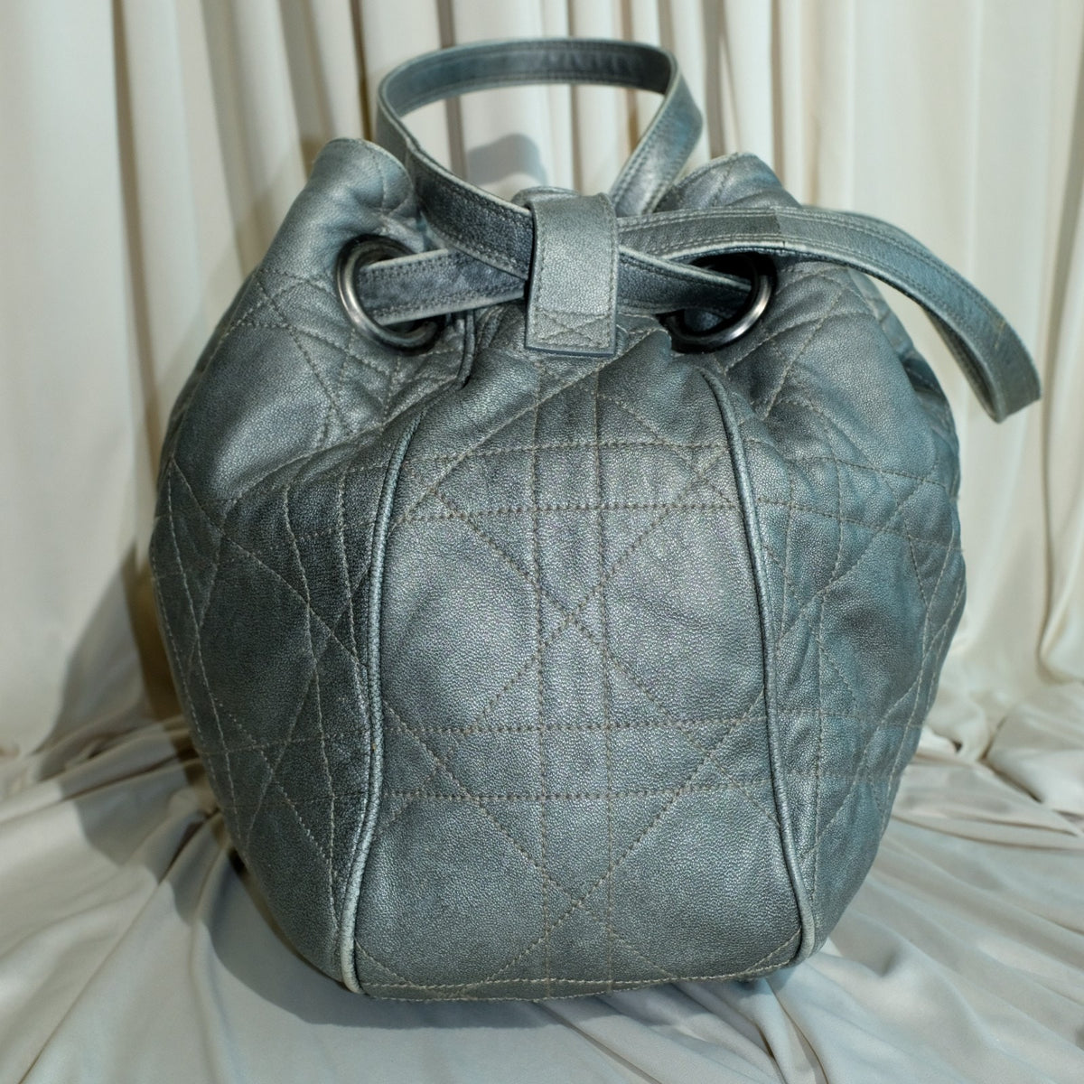 VTG Christian Dior Quilted Lambskin Leather Cannage Drawstring Bucket Bag Silver