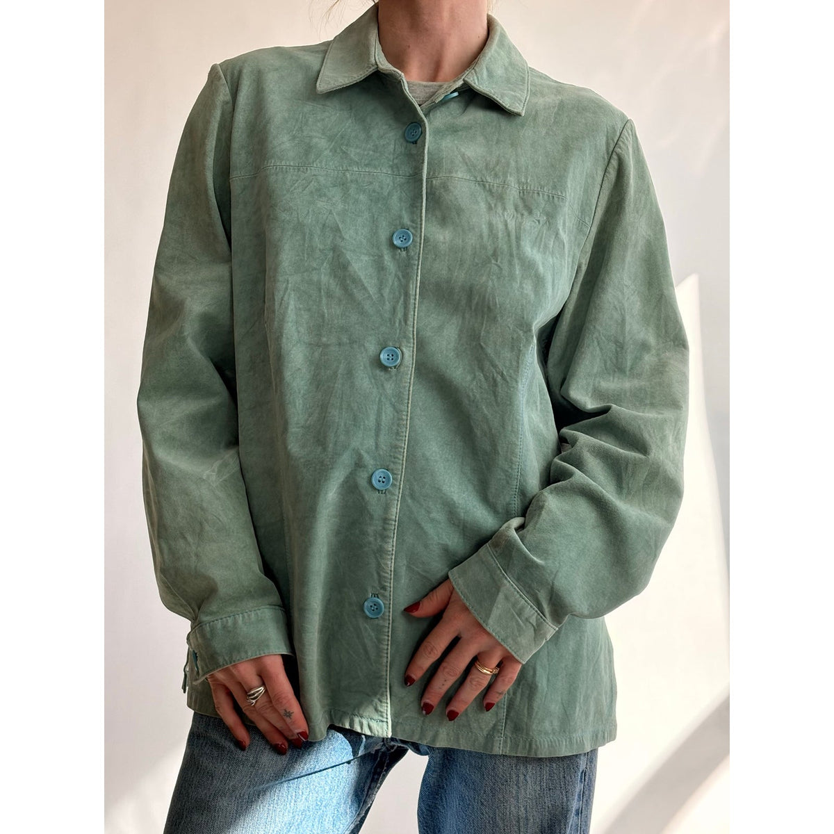 Bernardo Sea Foam Green Suede Button-Down Shirt/Jacket