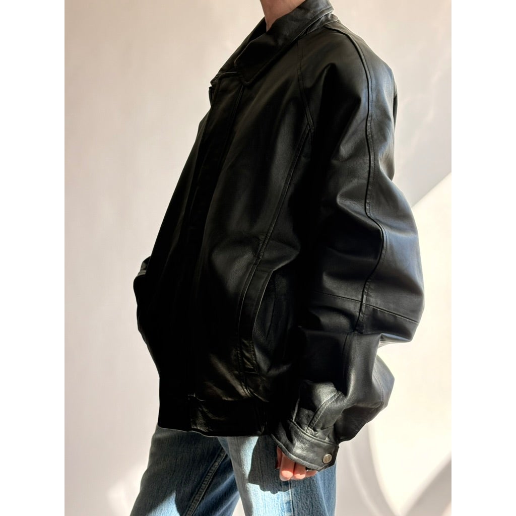 Vintage 90s North Crest Black Leather Bomber Jacket -large