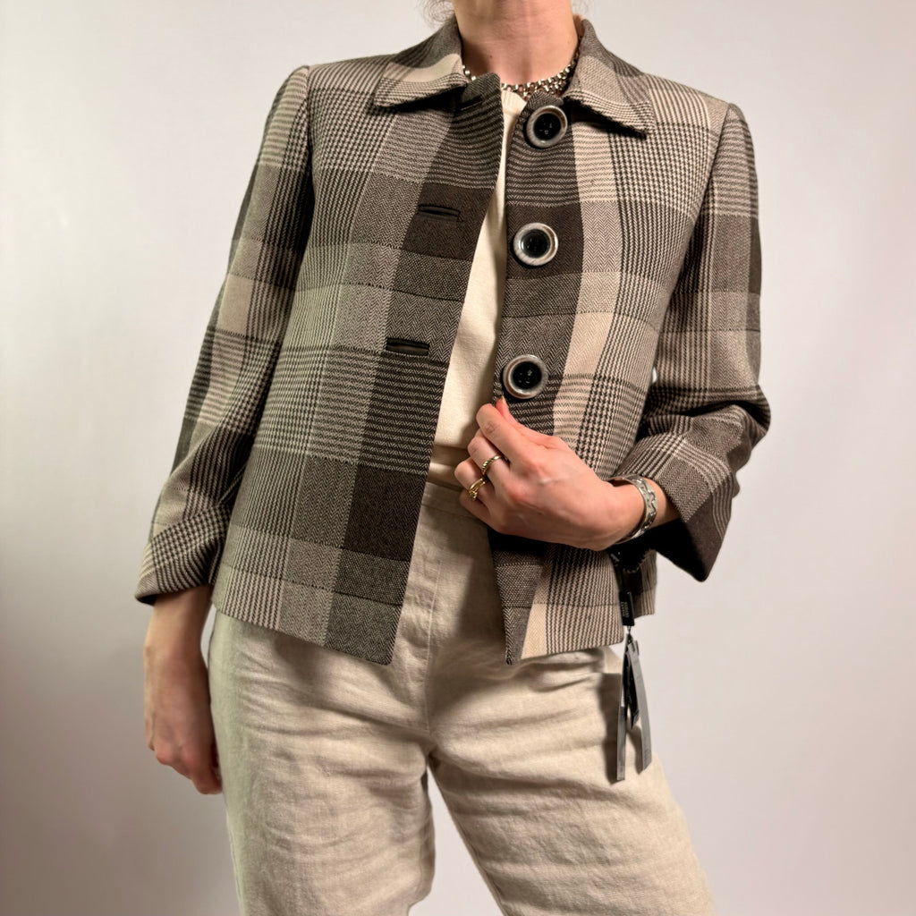 Tahari Brown & Beige Plaid Cropped Jacket - NWT, Size 4