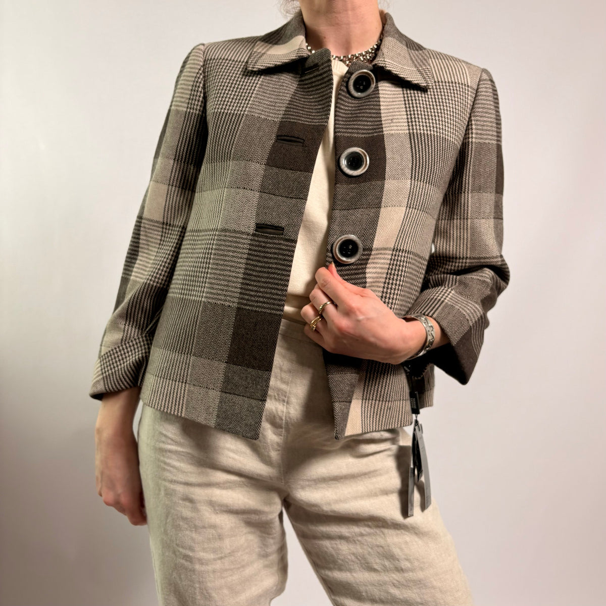 Tahari Brown & Beige Plaid Cropped Jacket - NWT, Size 4