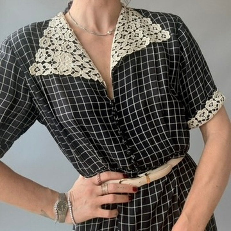 Vintage 50s Black Checkered Rayon Day Dress - Crochet Lace Collar & Cuffs