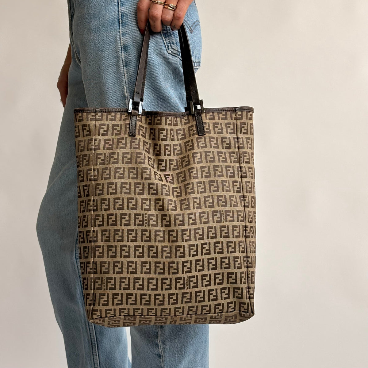 Vintage Fendi Zucchino Canvas Roll Tote w/ Baby Pouch - Tan & Brown