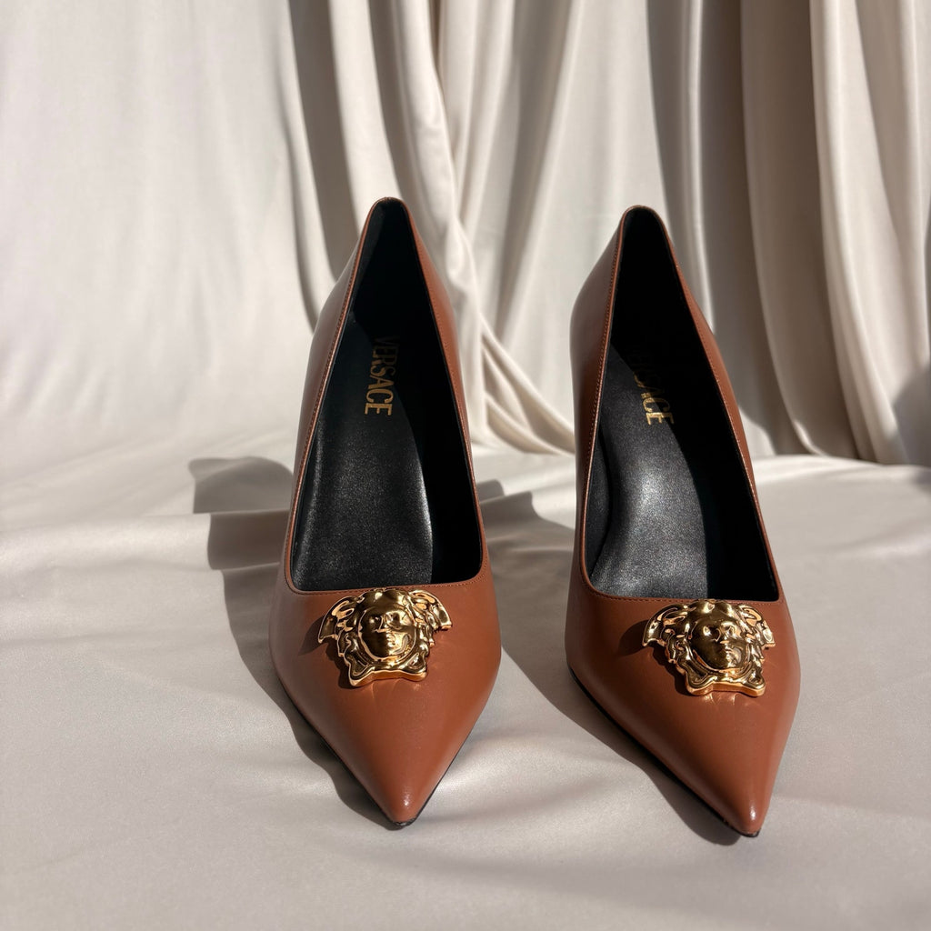 Versace Brown Leather Medusa Logo Pumps - Gold Hardware, EU 38 / US 7.5