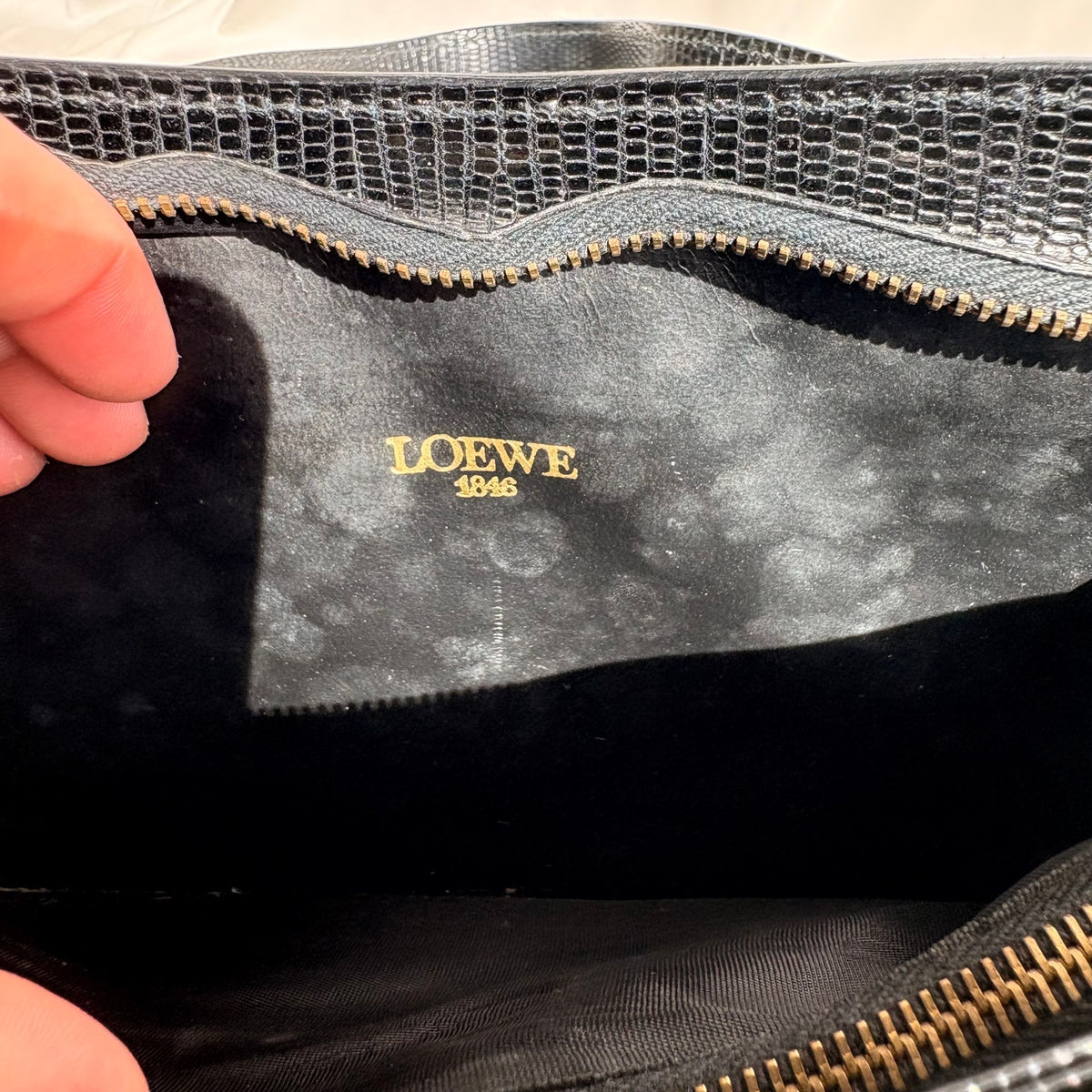 Vintage Loewe Black Patent Croc-Embossed Leather Shoulder Bag