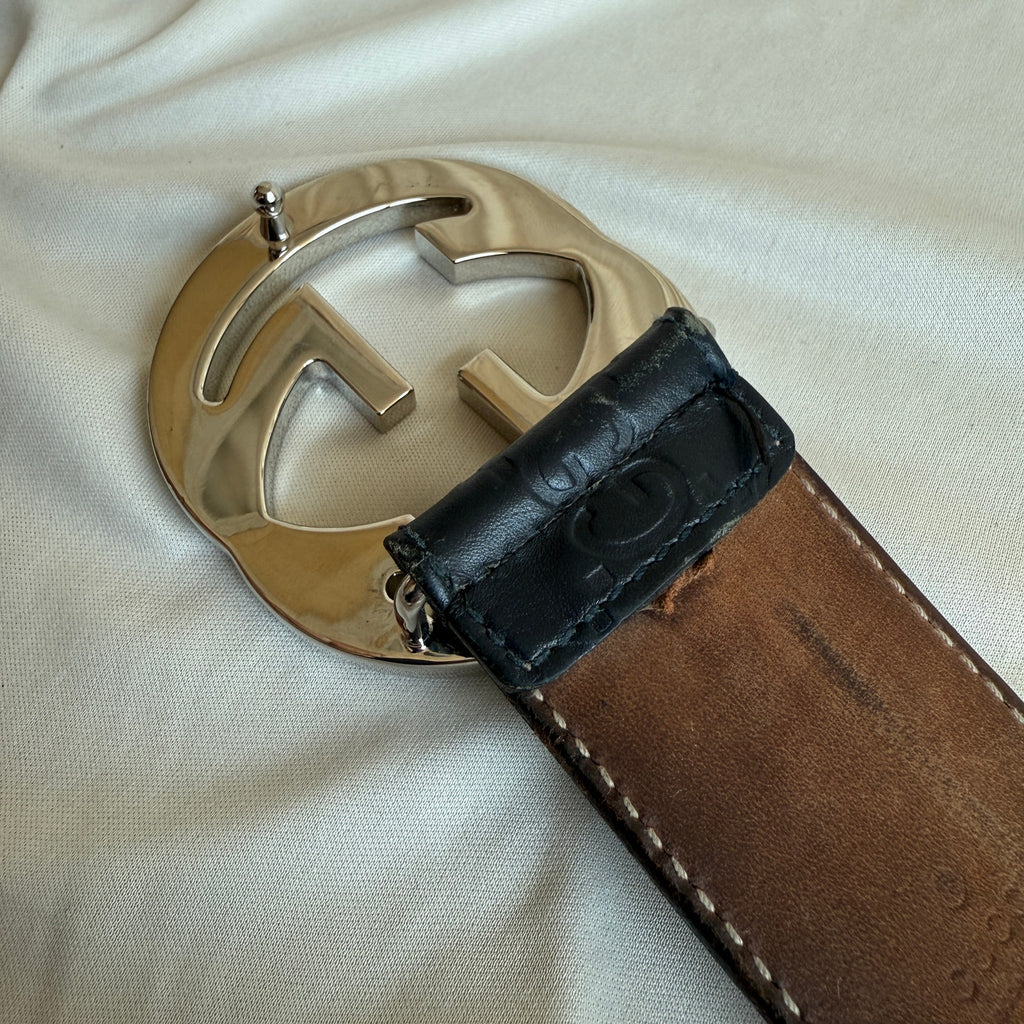 Gucci Guccissima Leather Belt - Black, Silver Interlocking G, Size 95cm
