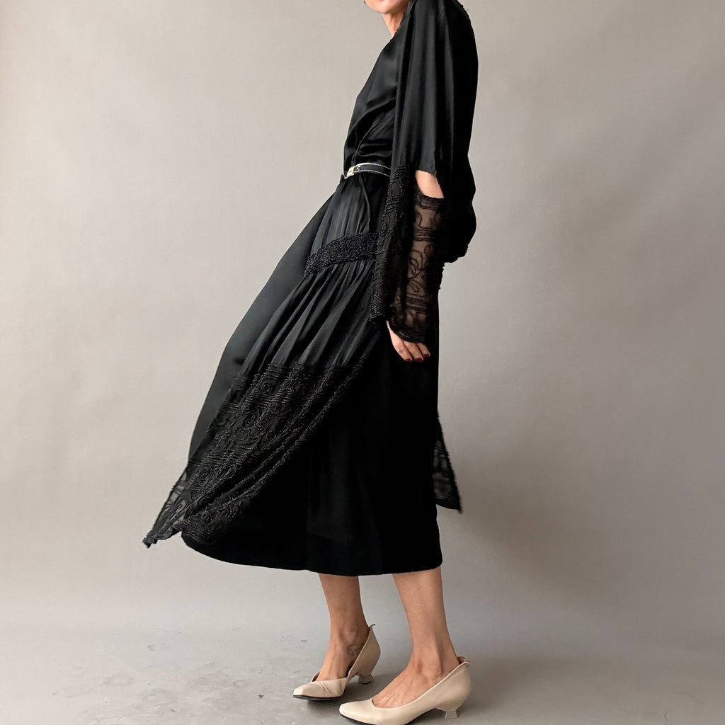 Antique 1920s Black Silk Satin Hand-Beaded Lace Shift Dress