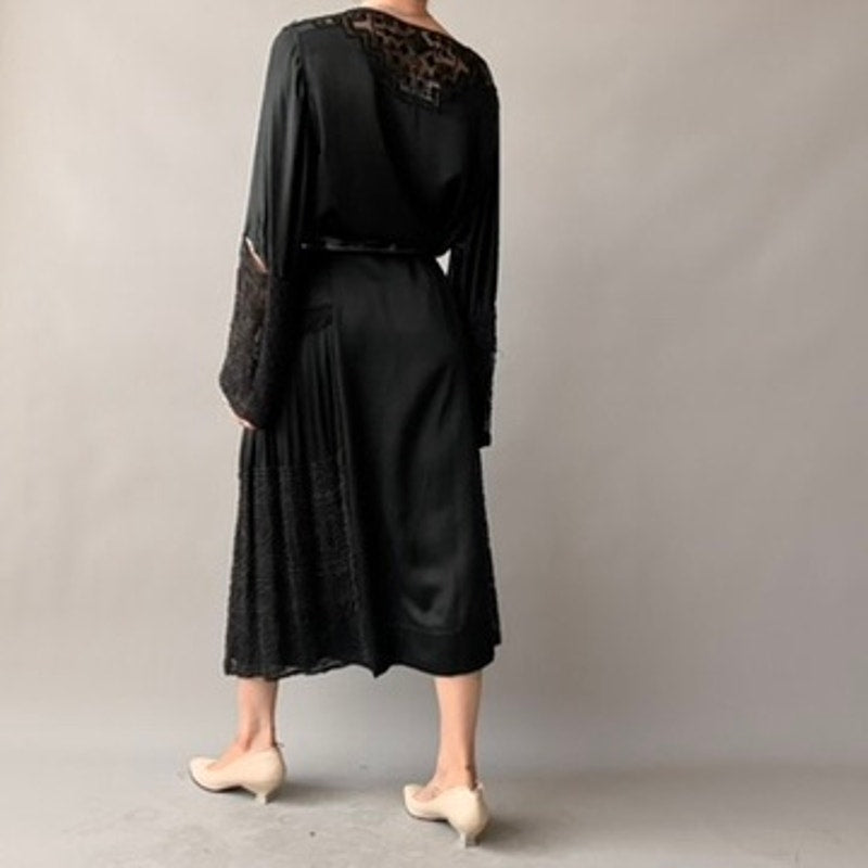 Antique 1920s Black Silk Satin Hand-Beaded Lace Shift Dress
