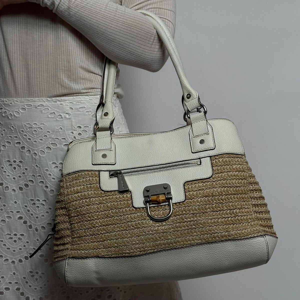 Vintage Dana Buchman Straw &  White Leather Tote