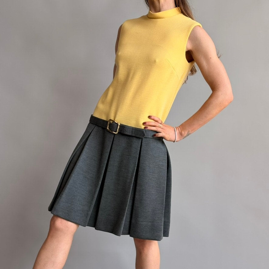 Vintage 60s Union-Made Mustard & Grey Drop Waist Wool Dress