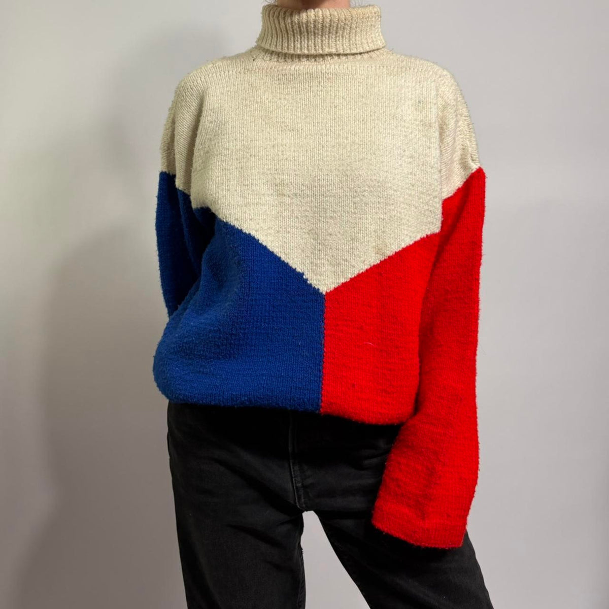 Vintage Tricolor Turtleneck Sweater - Red, White, Blue