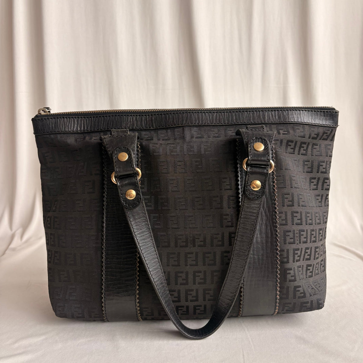 Vintage Fendi Zucchino Black Canvas & Leather Tote - Early 2000s