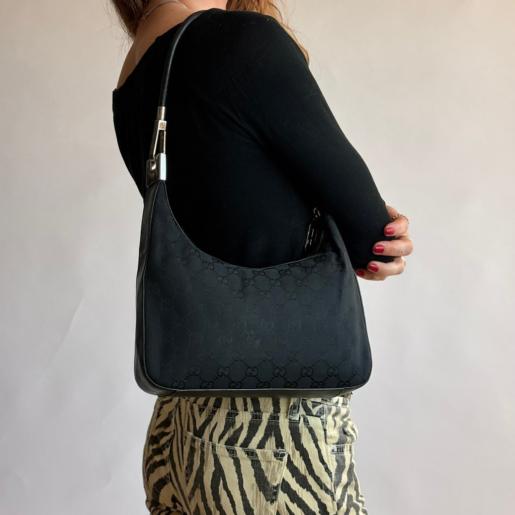 Vintage Gucci Tom Ford Era Black GG Monogram Canvas Hobo Bag Silver Hardware