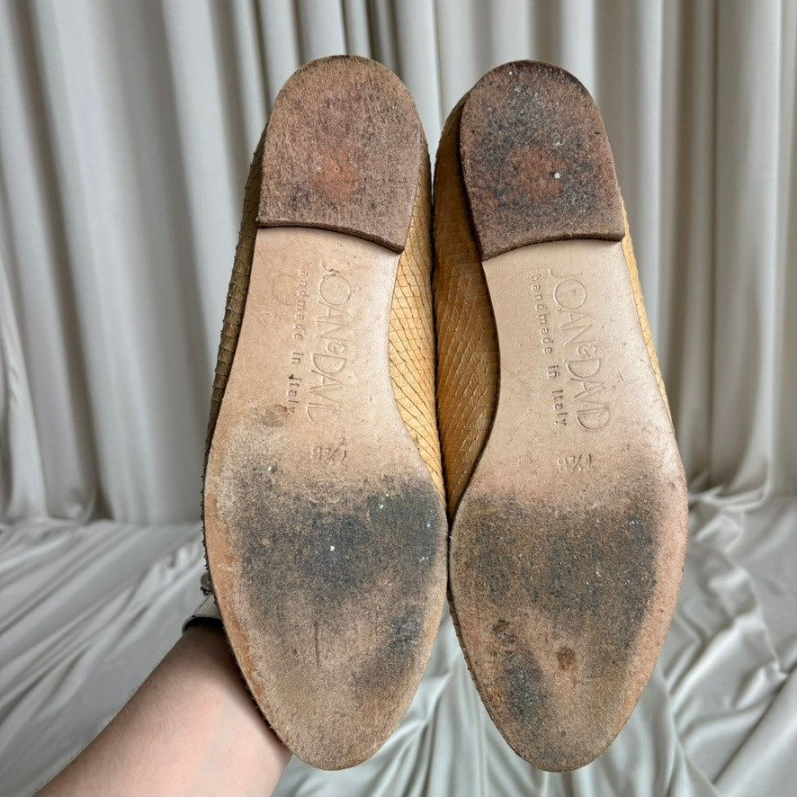Joan & David Reptile Skin Loafers - Tan Beige, Gold Chain Detail, Size 7.5