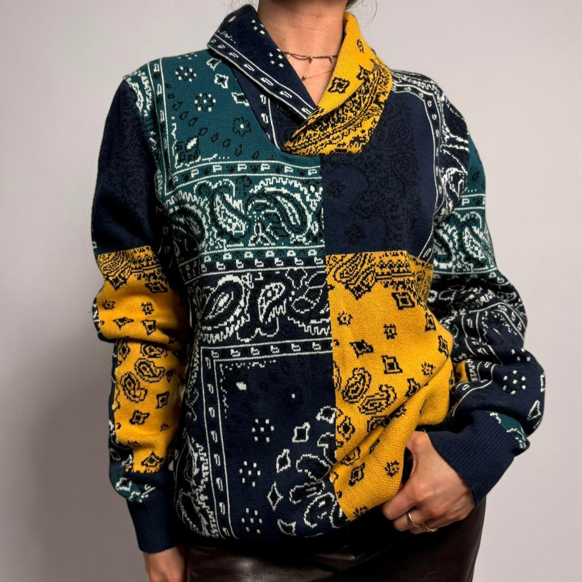 Sun + Stone Bandanna Print Shawl Collar Sweater - Yellow/Green/Blue, Size Medium