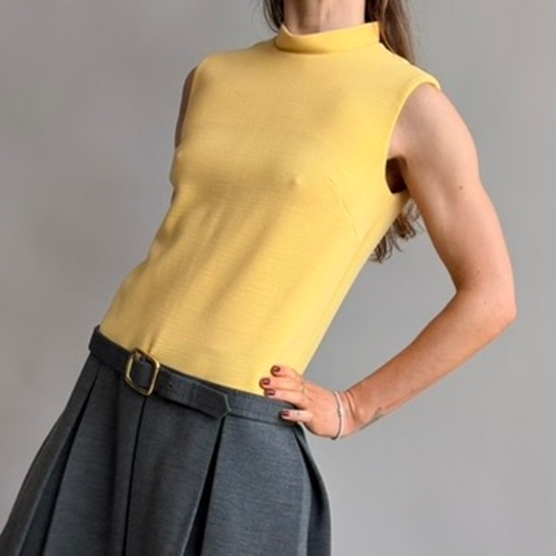 Vintage 60s Union-Made Mustard & Grey Drop Waist Wool Dress
