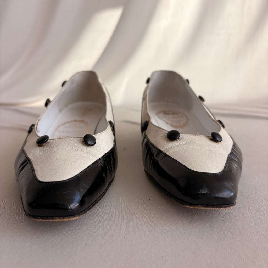 Vintage Delman Black & White Leather Low Block Heels - Button Detail, 1" Heel