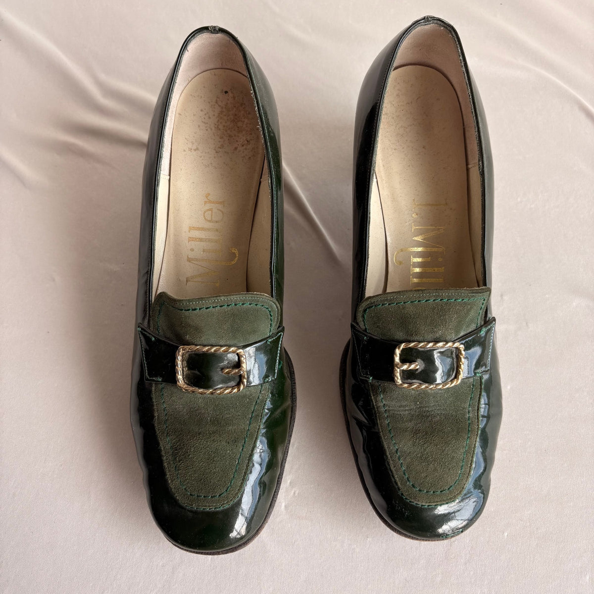 I. Miller Vintage Green Patent Leather & Suede Heeled Loafers - 2" Heel