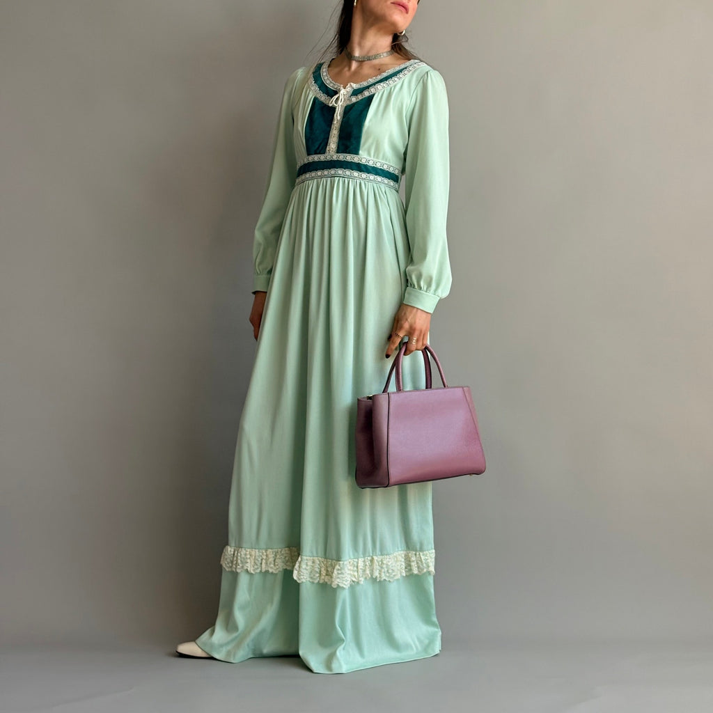 JCPenney Vintage 70s Mint Green Prairie Dress - Lace Trim