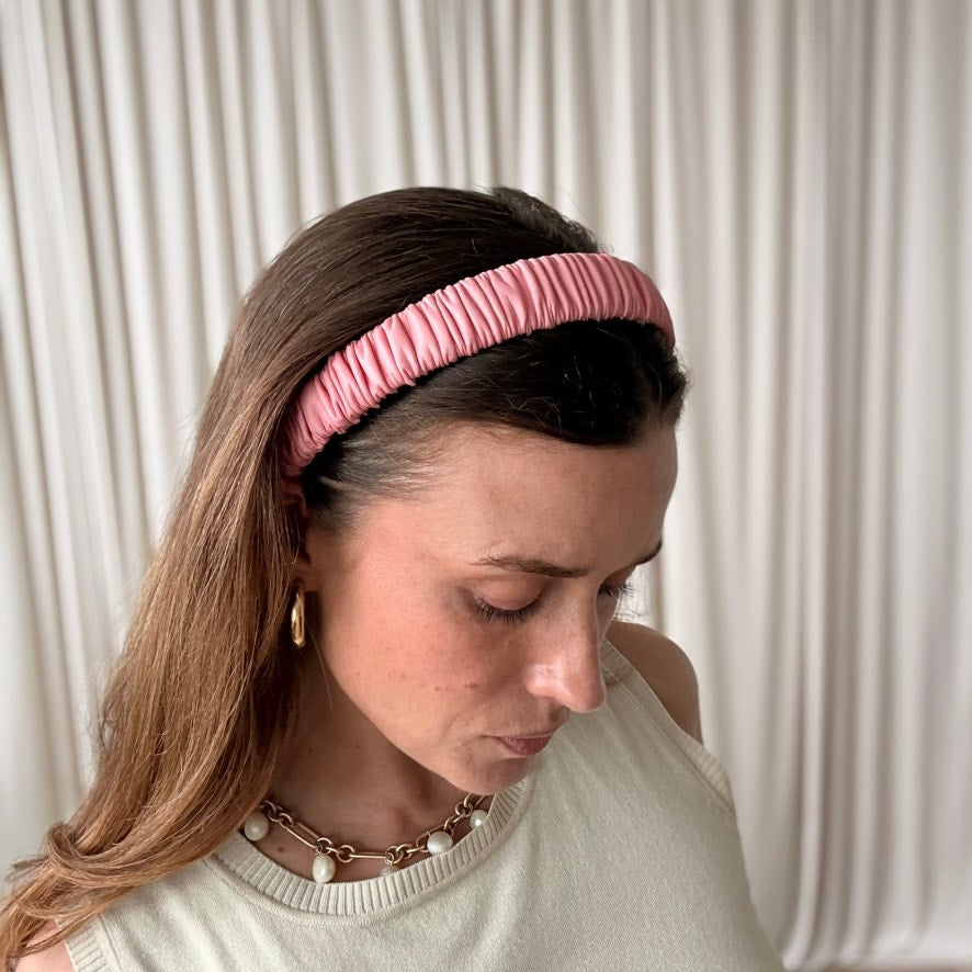 Pink Ruched Faux Leather Headband - Retro, Light Pink