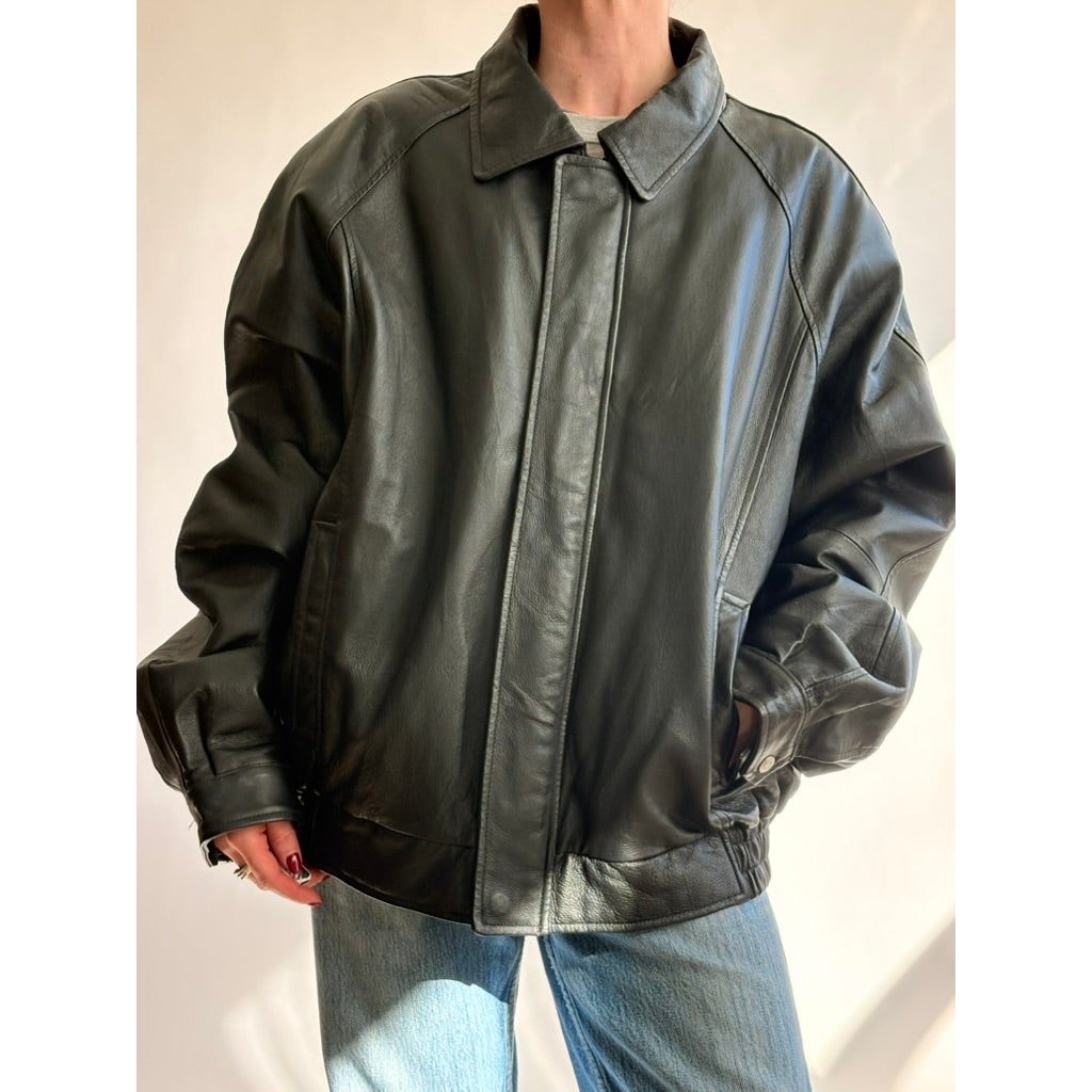 Vintage 90s North Crest Black Leather Bomber Jacket -large