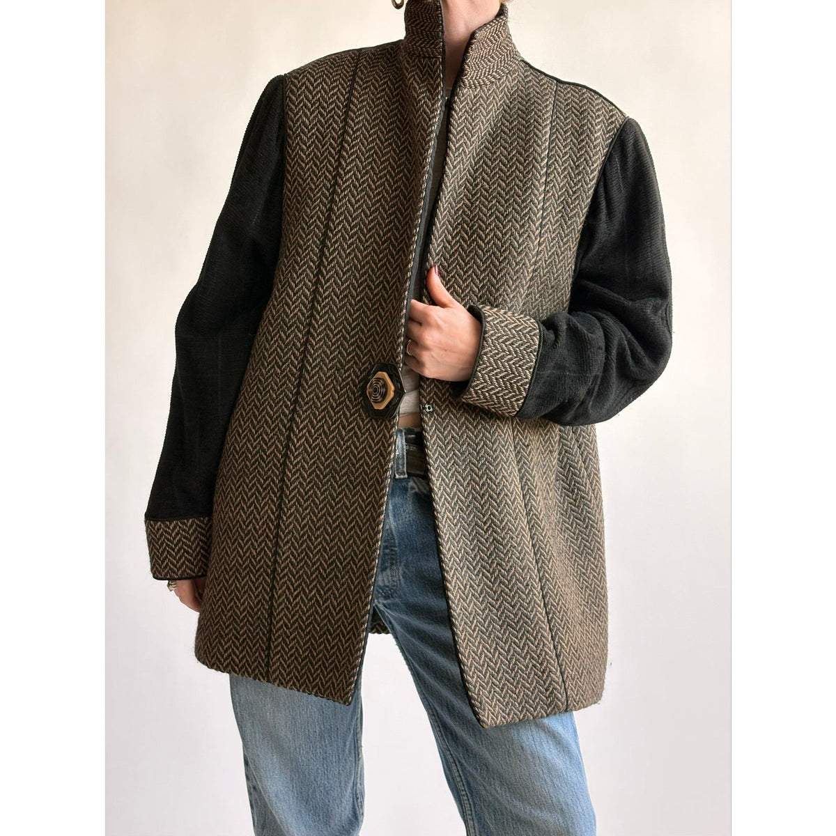 Barbara Perry Black & Brown Geometric Woven "Art-to-Wear" Blazer