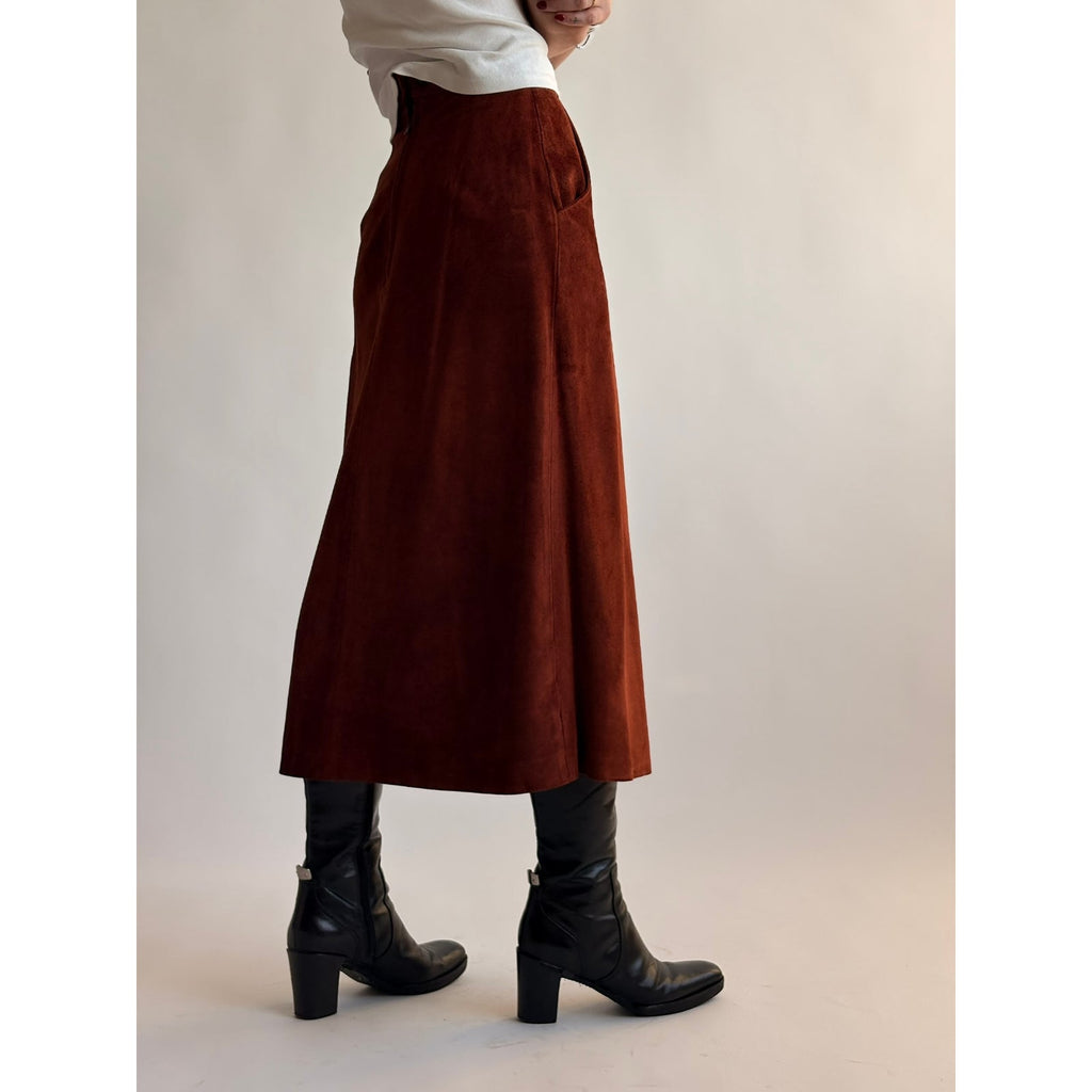 Vintage Burnt Orange Genuine Suede Midi Skirt