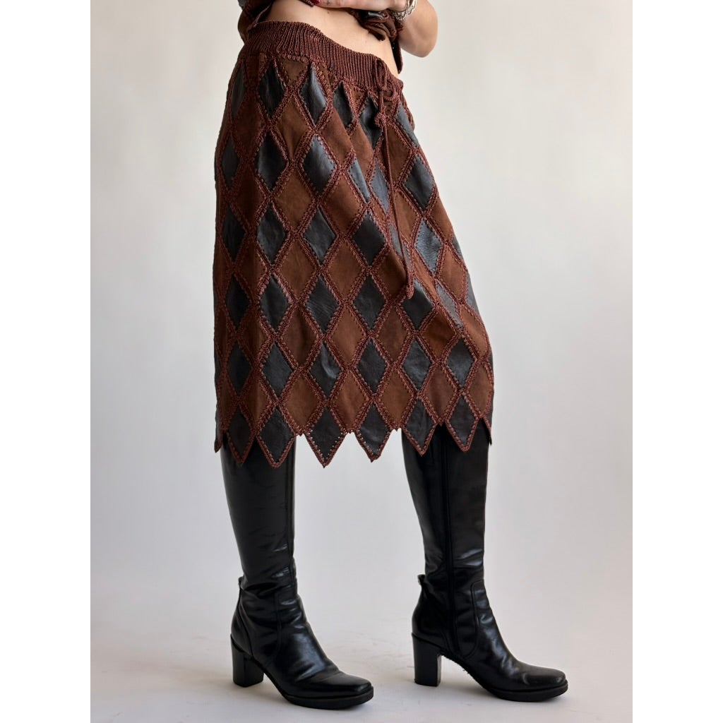 Vintage 1970s Handmade Turkish Diamond Patchwork Leather Skirt