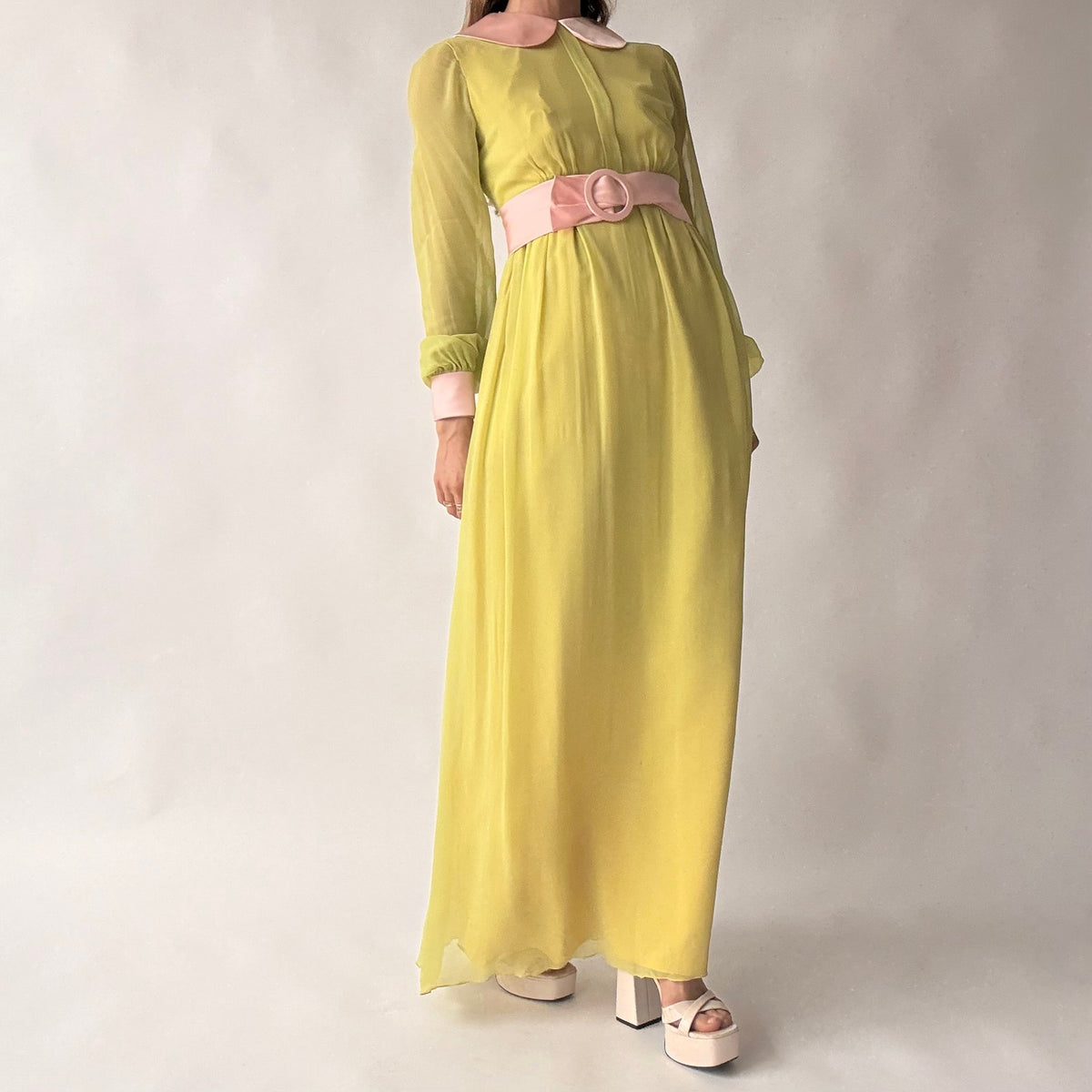 Vintage 60s/70s Chartreuse Peter Pan Collar Maxi Dress w/ Belt