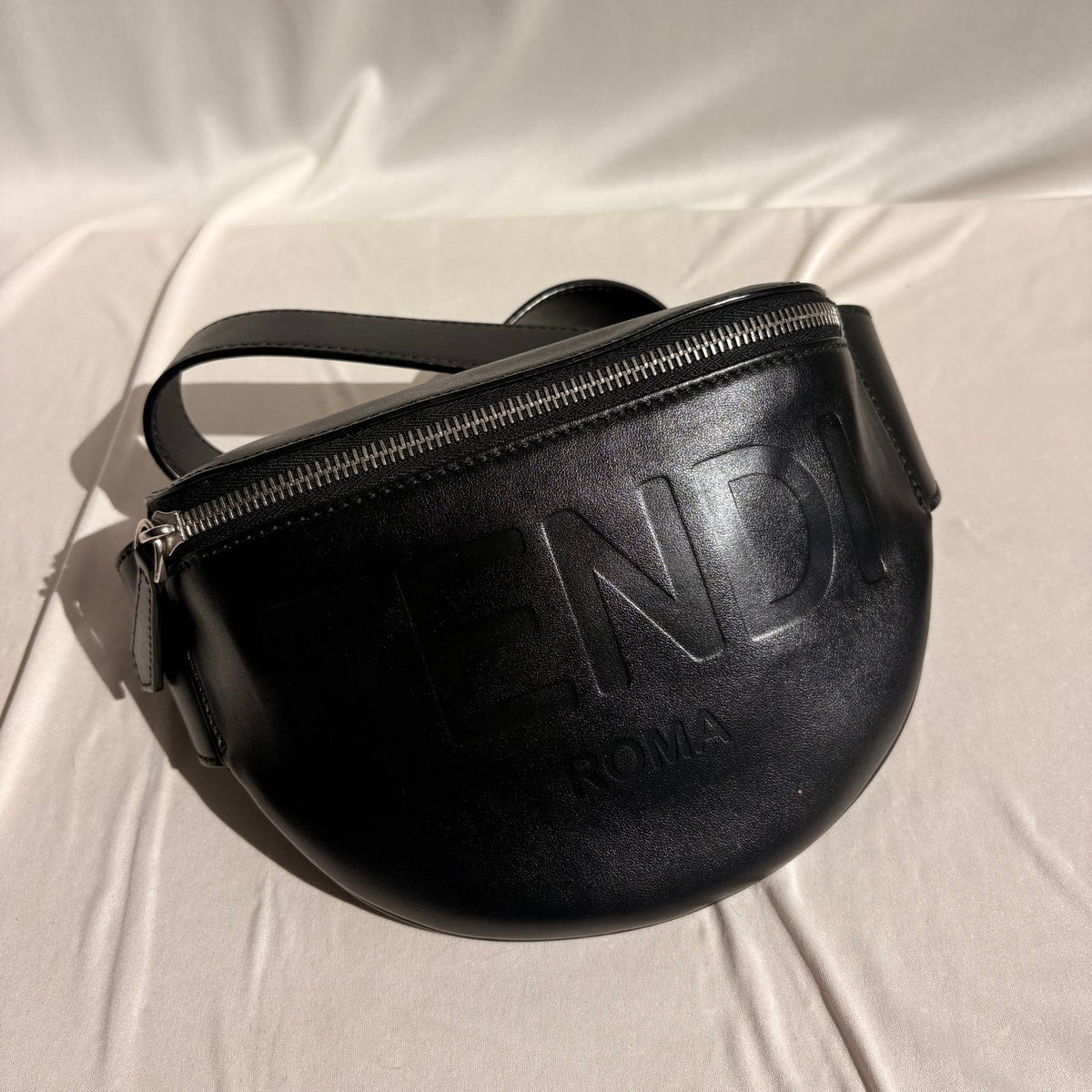 Fendi Roma Logo Black Leather Belt Bag - 3D Embossed Logo
