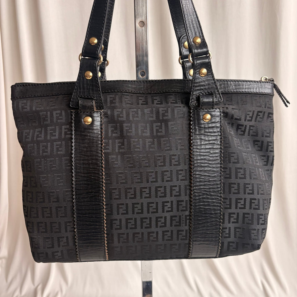 Vintage Fendi Zucchino Black Canvas & Leather Tote - Early 2000s