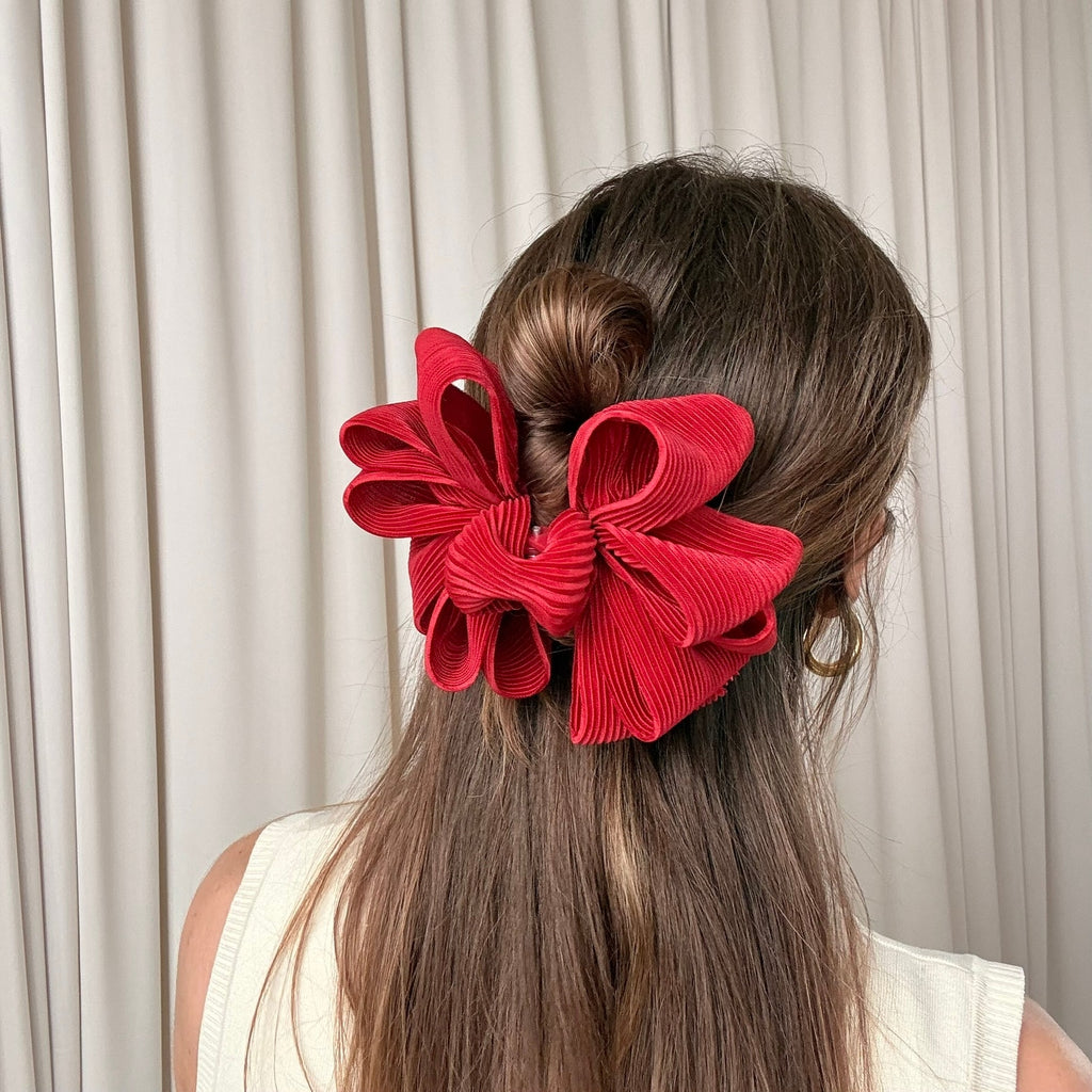 Red Oversized Ribbon Claw Clip - Pleated Bow Detail, Retro