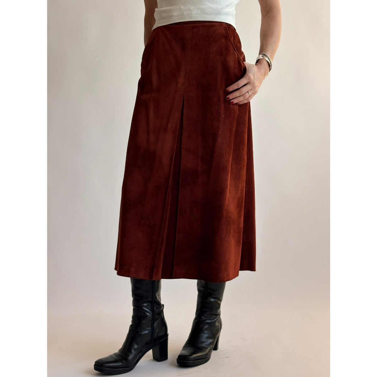 Vintage Burnt Orange Genuine Suede Midi Skirt