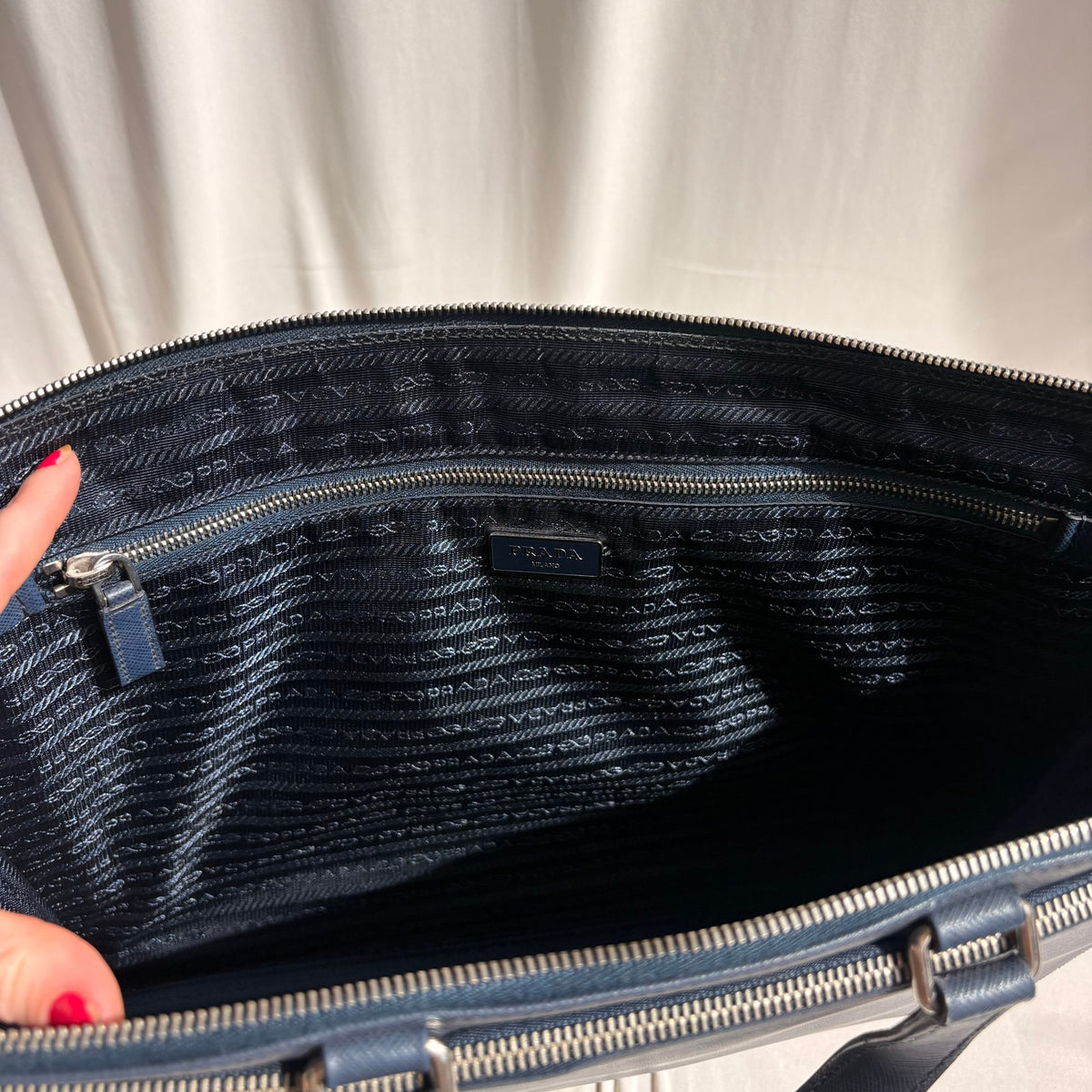 Prada Saffiano Leather Briefcase Bag - Dark Navy Blue