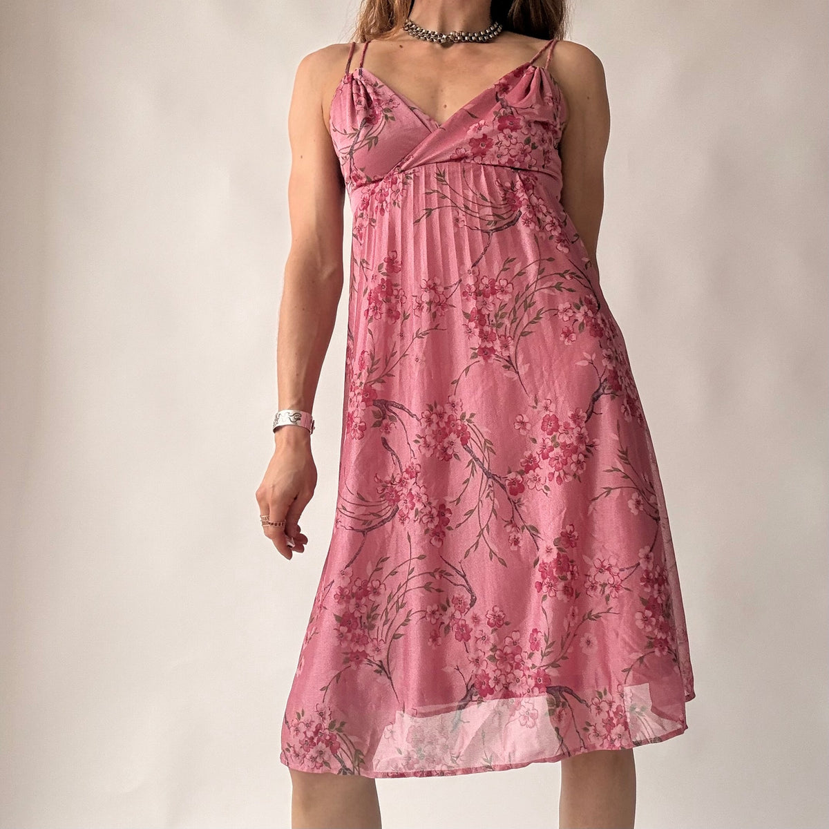 Vintage Y2K Pink Cherry Blossom Print Babydoll Dress