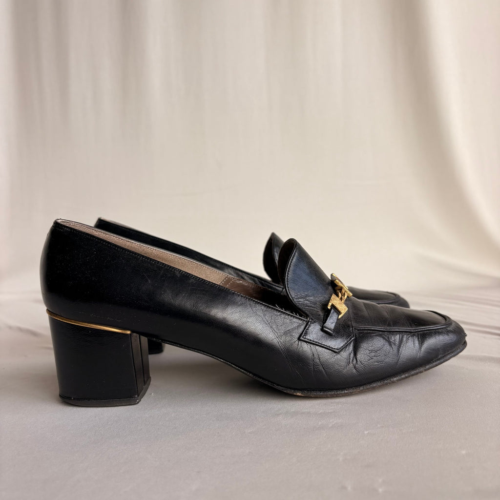 Vintage Saks Fifth Ave Black Leather Heeled Loafers - Block Heel, Square Toe