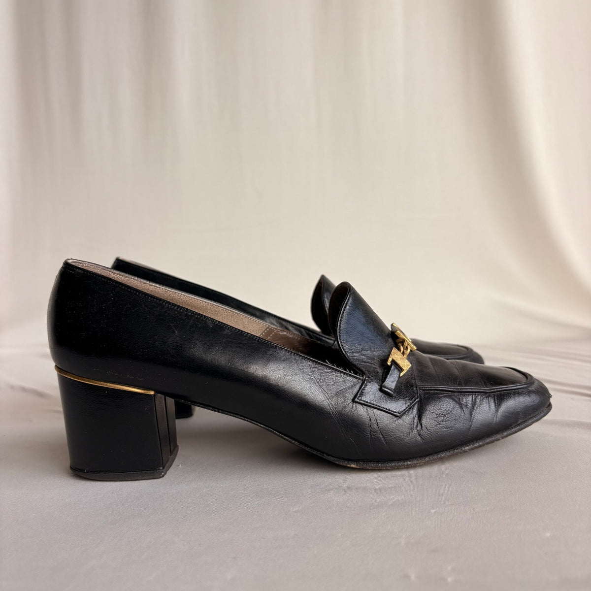 Vintage Saks Fifth Ave Black Leather Heeled Loafers - Block Heel, Square Toe