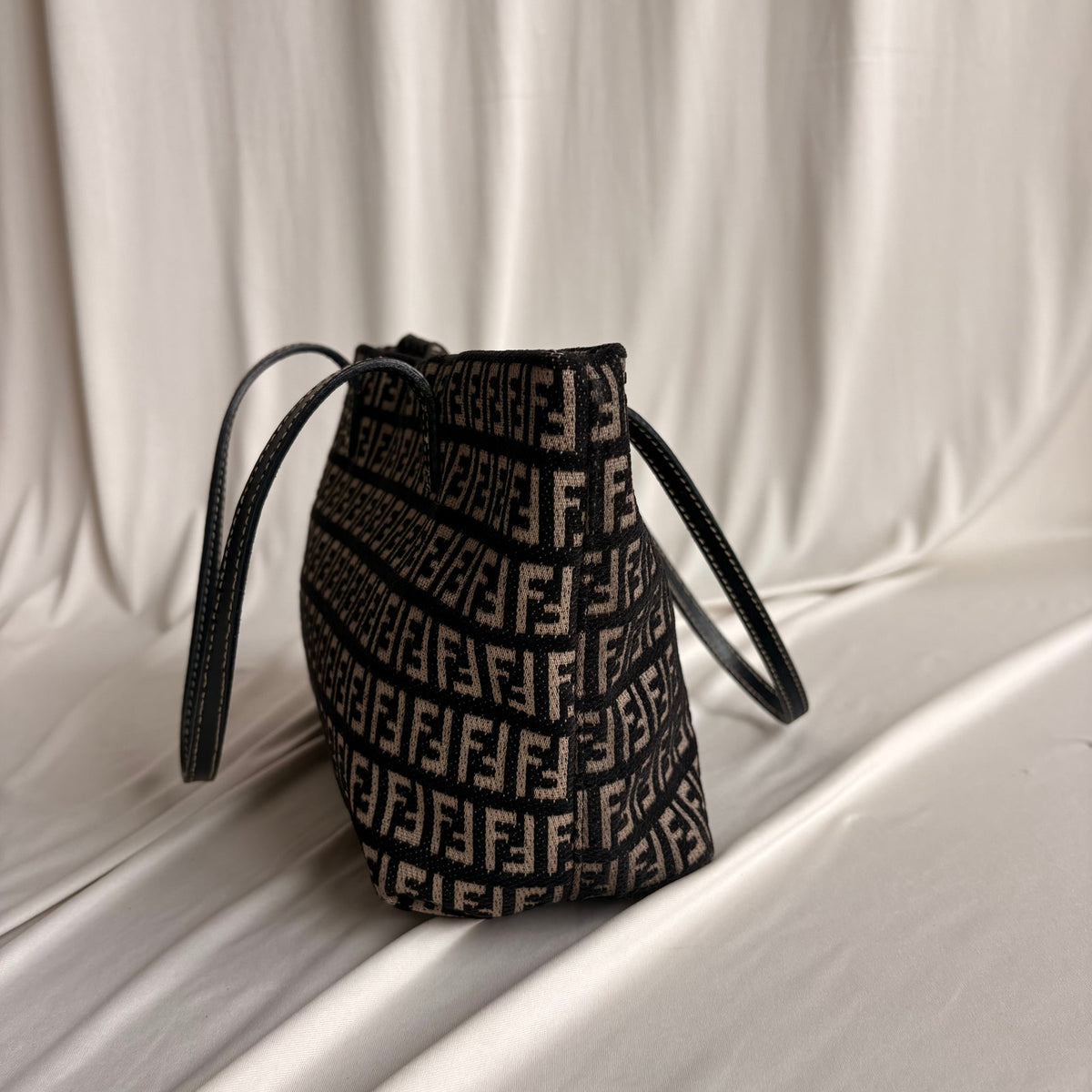 Vintage Fendi Zucchino Roll Tote - Black & Tan Textured Canvas
