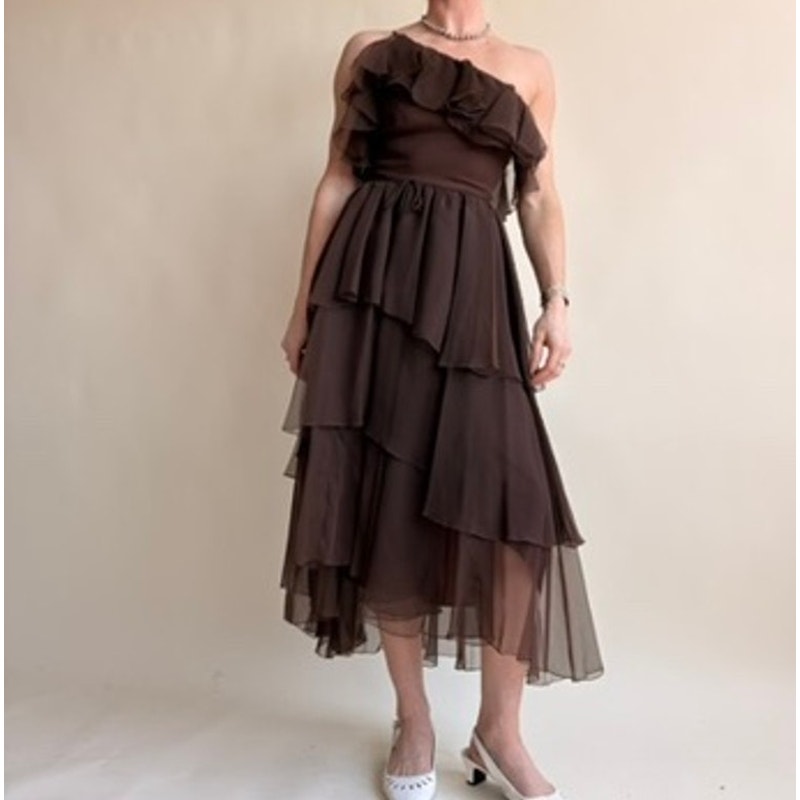 Patricia Murray Brown Ruffled Chiffon Dress - One-Shoulder, Fits Modern 0
