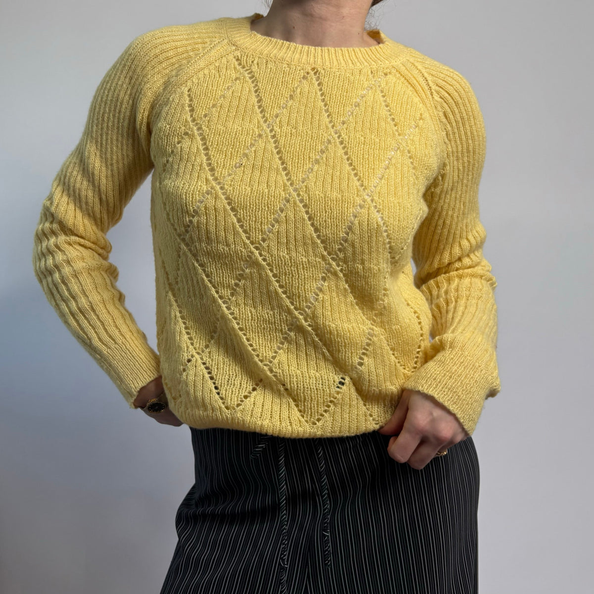 Yellow Pointelle Argyle Crewneck Sweater - Size Medium
