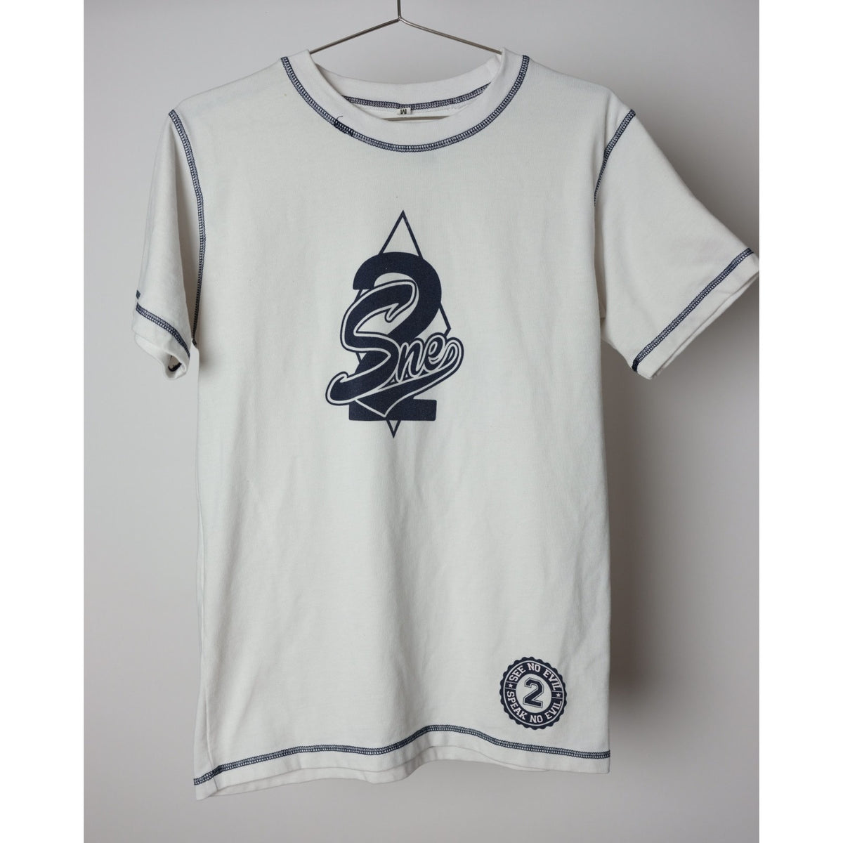 SNE - See No Evil #2 Tee Shirt, Mens Medium. White with Blue Threading -Baseball